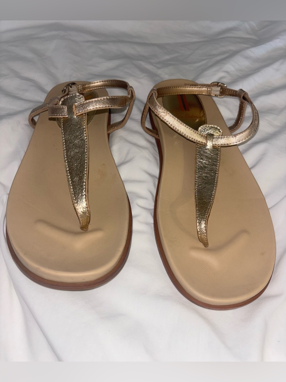Sam Edelman 8 Gold Metallic Leather T Strap Thong Sandal Flip Flops Coastal Shoe - Picture 2 of 11